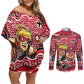 St Kilda Saints Couples Matching Off Shoulder Short Dress and Long Sleeve Button Shirt Aboriginal Dot Pattern - Football Mascot Heritage Pride
