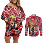 St Kilda Saints Couples Matching Off Shoulder Short Dress and Long Sleeve Button Shirt Aboriginal Dot Pattern - Football Mascot Heritage Pride