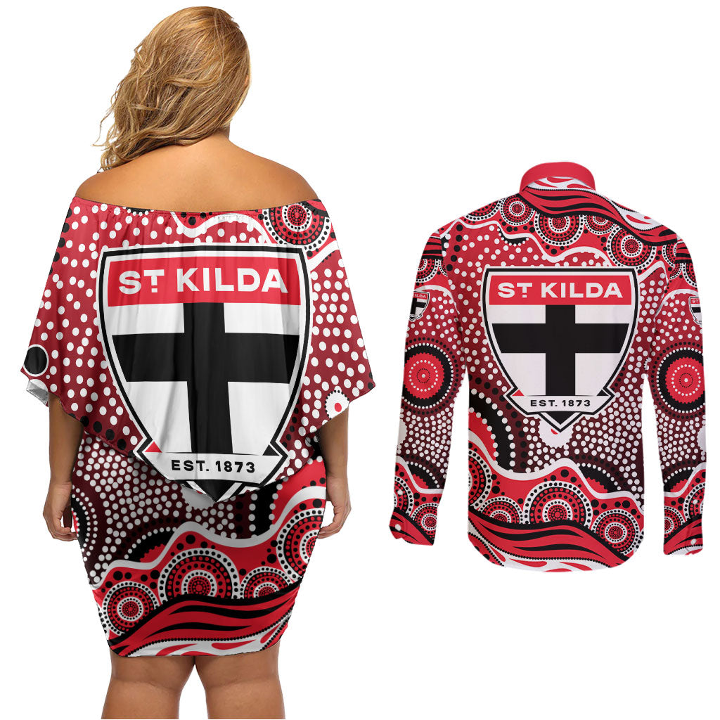 St Kilda Saints Couples Matching Off Shoulder Short Dress and Long Sleeve Button Shirt Aboriginal Dot Pattern - Football Mascot Heritage Pride