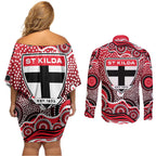St Kilda Saints Couples Matching Off Shoulder Short Dress and Long Sleeve Button Shirt Aboriginal Dot Pattern - Football Mascot Heritage Pride