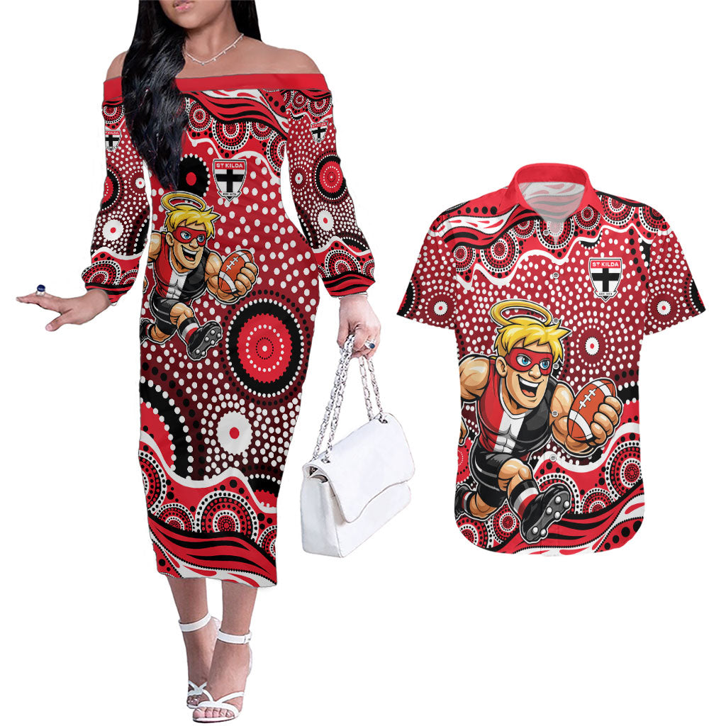 St Kilda Saints Couples Matching Off The Shoulder Long Sleeve Dress and Hawaiian Shirt Aboriginal Dot Pattern - Football Mascot Heritage Pride