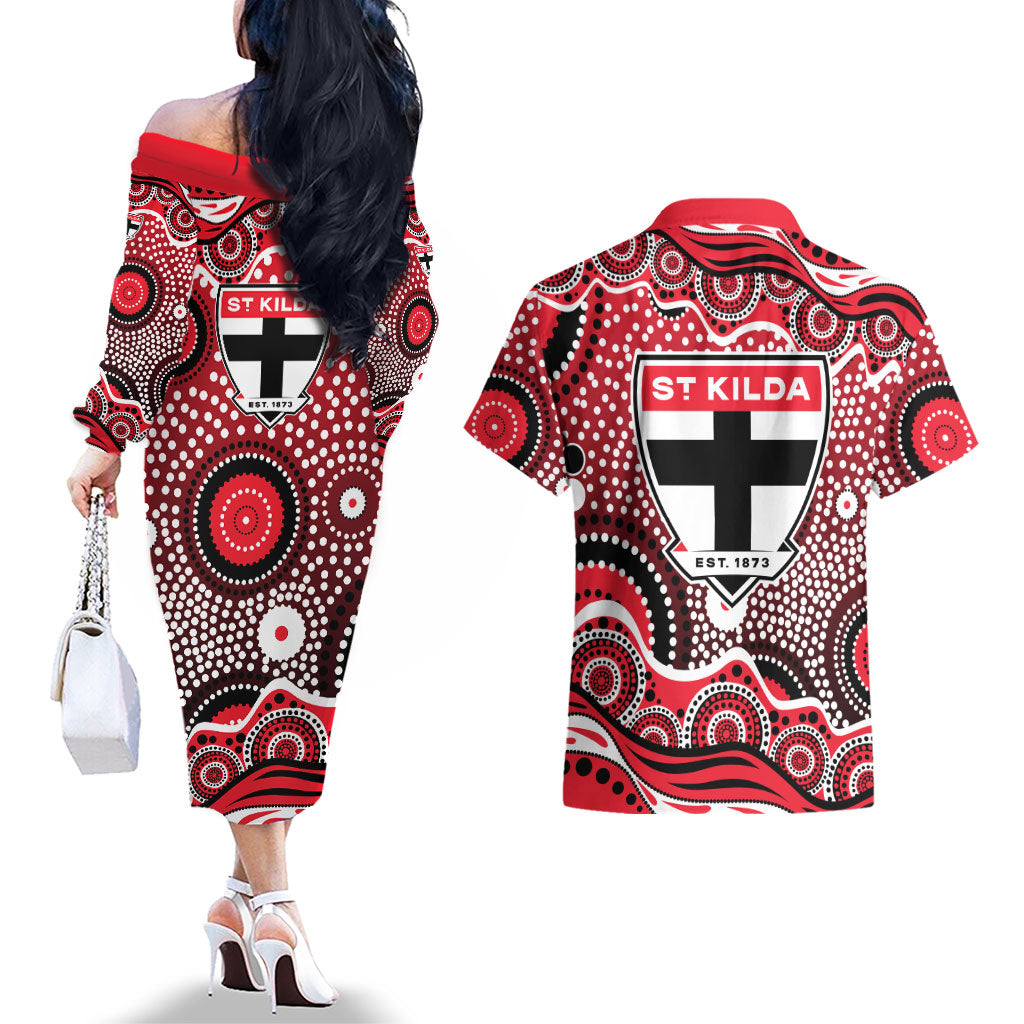 St Kilda Saints Couples Matching Off The Shoulder Long Sleeve Dress and Hawaiian Shirt Aboriginal Dot Pattern - Football Mascot Heritage Pride