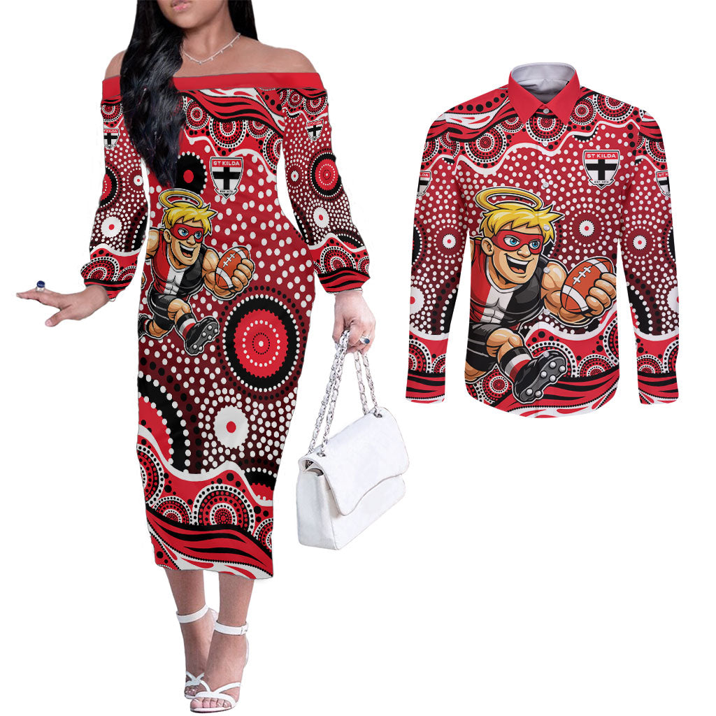 St Kilda Saints Couples Matching Off The Shoulder Long Sleeve Dress and Long Sleeve Button Shirt Aboriginal Dot Pattern - Football Mascot Heritage Pride
