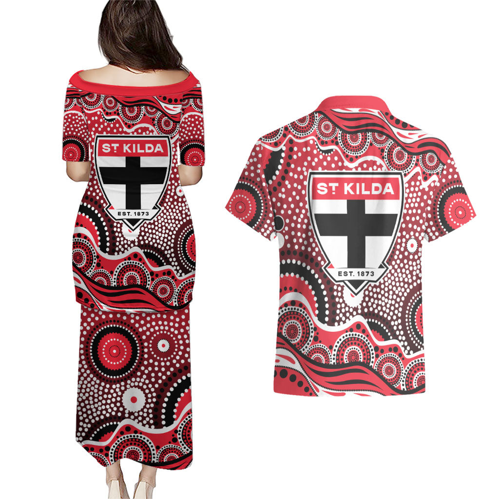 St Kilda Saints Couples Matching Puletasi and Hawaiian Shirt Aboriginal Dot Pattern - Football Mascot Heritage Pride