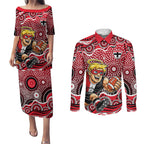 St Kilda Saints Couples Matching Puletasi and Long Sleeve Button Shirt Aboriginal Dot Pattern - Football Mascot Heritage Pride
