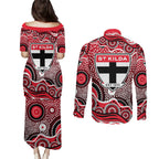 St Kilda Saints Couples Matching Puletasi and Long Sleeve Button Shirt Aboriginal Dot Pattern - Football Mascot Heritage Pride