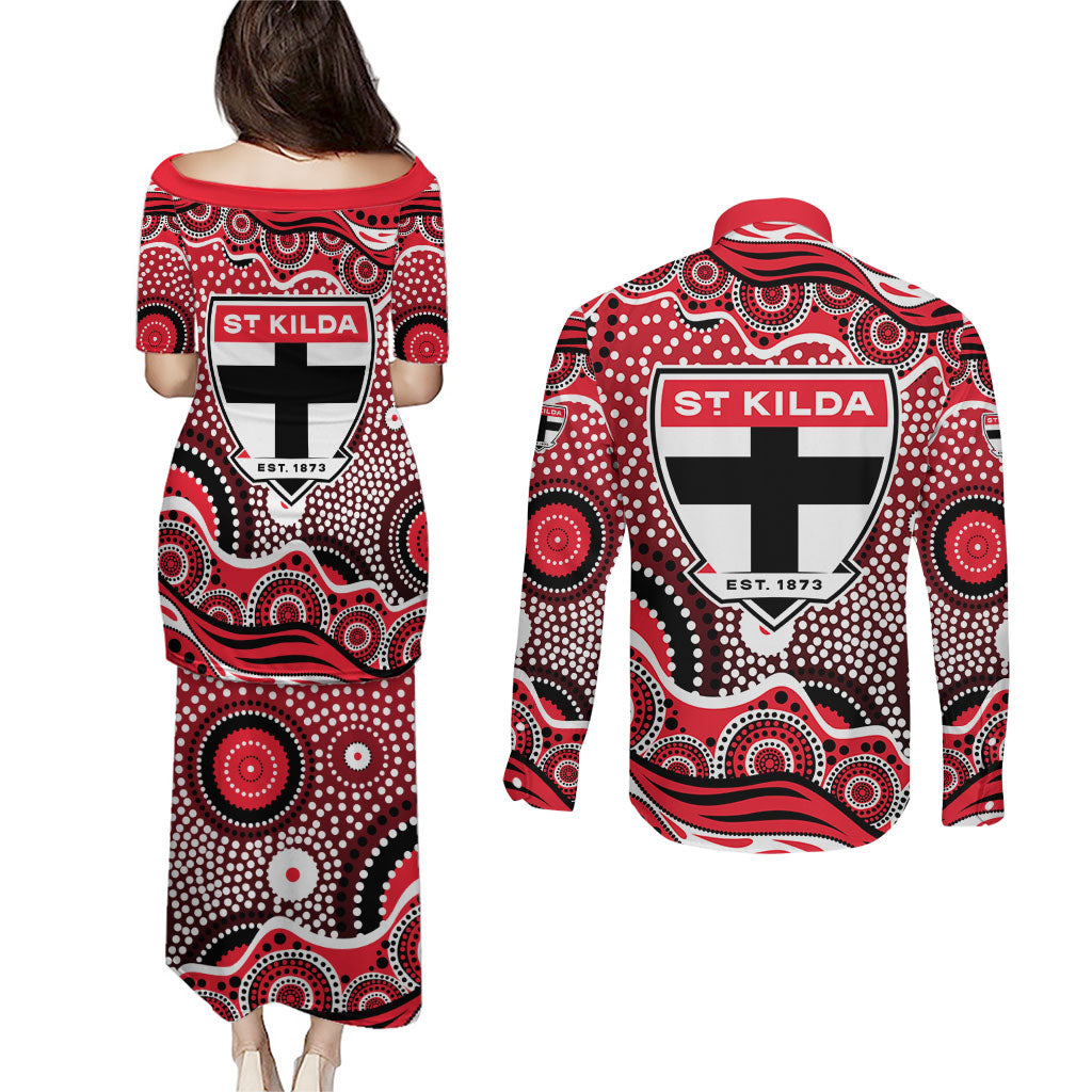 St Kilda Saints Couples Matching Puletasi and Long Sleeve Button Shirt Aboriginal Dot Pattern - Football Mascot Heritage Pride