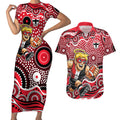 St Kilda Saints Couples Matching Short Sleeve Bodycon Dress and Hawaiian Shirt Aboriginal Dot Pattern - Football Mascot Heritage Pride