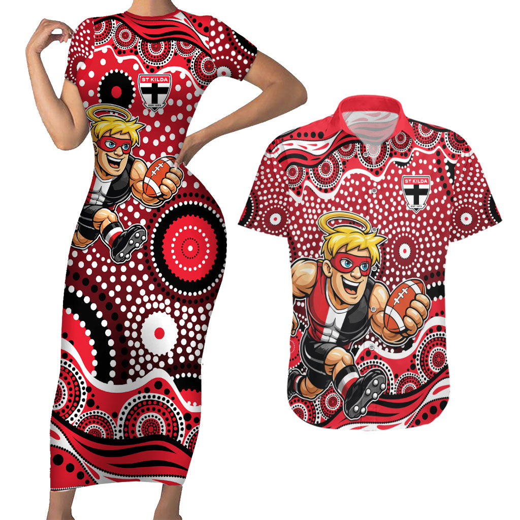 St Kilda Saints Couples Matching Short Sleeve Bodycon Dress and Hawaiian Shirt Aboriginal Dot Pattern - Football Mascot Heritage Pride