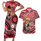 St Kilda Saints Couples Matching Short Sleeve Bodycon Dress and Hawaiian Shirt Aboriginal Dot Pattern - Football Mascot Heritage Pride