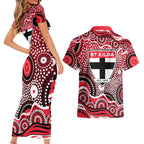 St Kilda Saints Couples Matching Short Sleeve Bodycon Dress and Hawaiian Shirt Aboriginal Dot Pattern - Football Mascot Heritage Pride