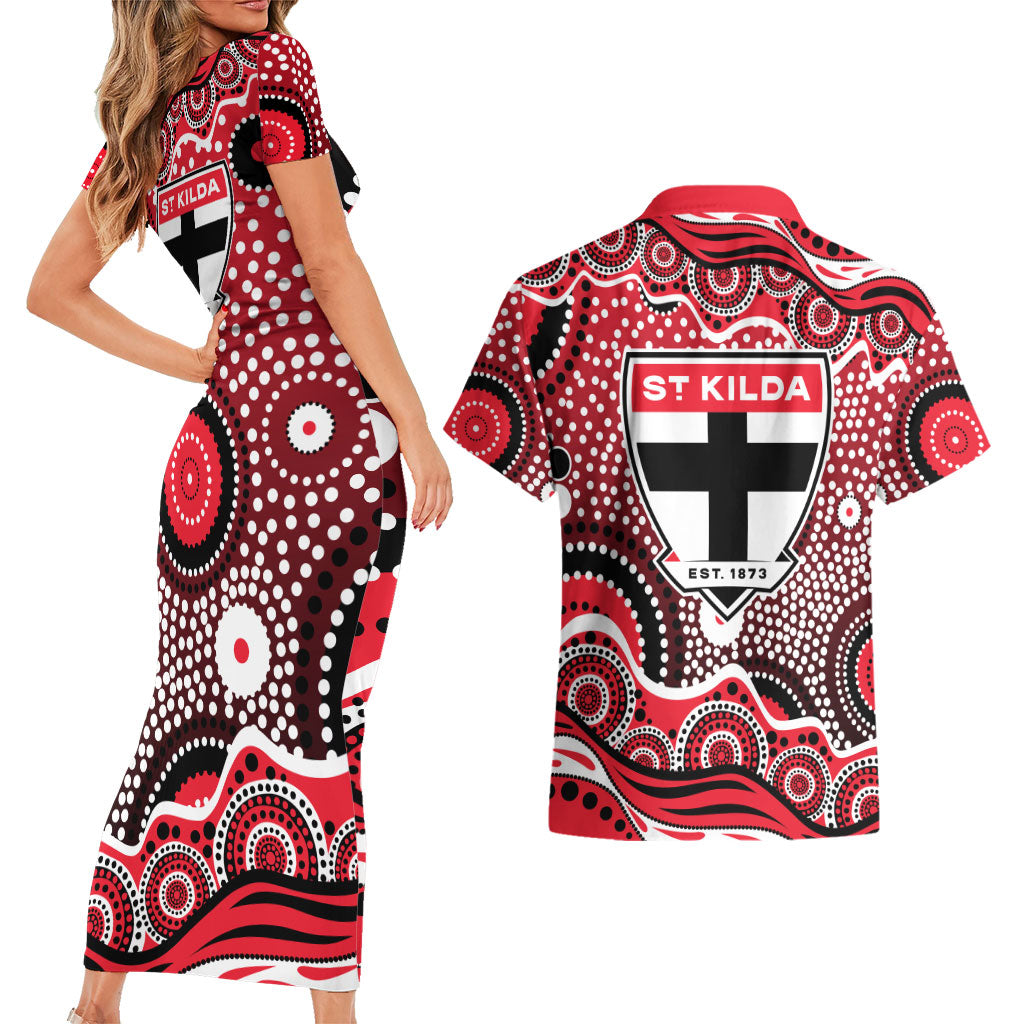St Kilda Saints Couples Matching Short Sleeve Bodycon Dress and Hawaiian Shirt Aboriginal Dot Pattern - Football Mascot Heritage Pride