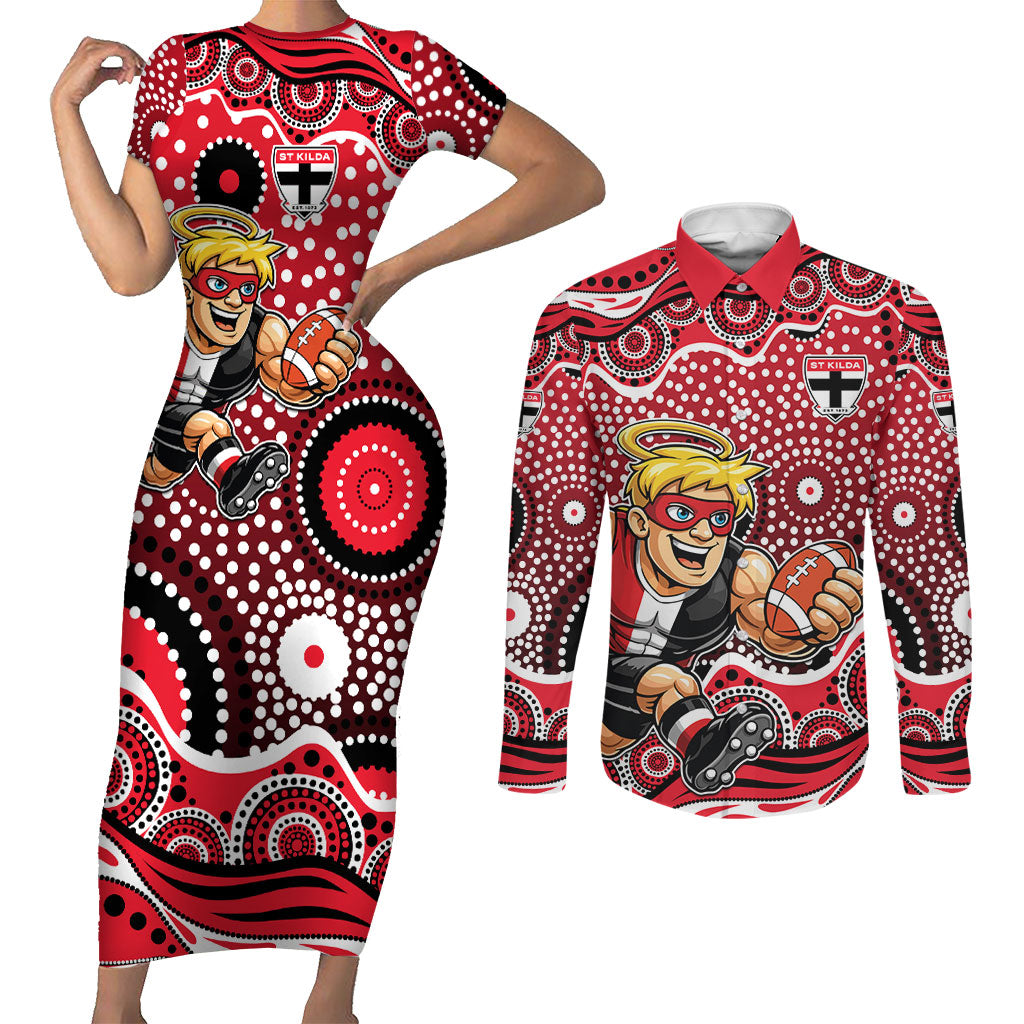 St Kilda Saints Couples Matching Short Sleeve Bodycon Dress and Long Sleeve Button Shirt Aboriginal Dot Pattern - Football Mascot Heritage Pride