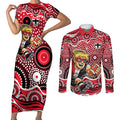 St Kilda Saints Couples Matching Short Sleeve Bodycon Dress and Long Sleeve Button Shirt Aboriginal Dot Pattern - Football Mascot Heritage Pride