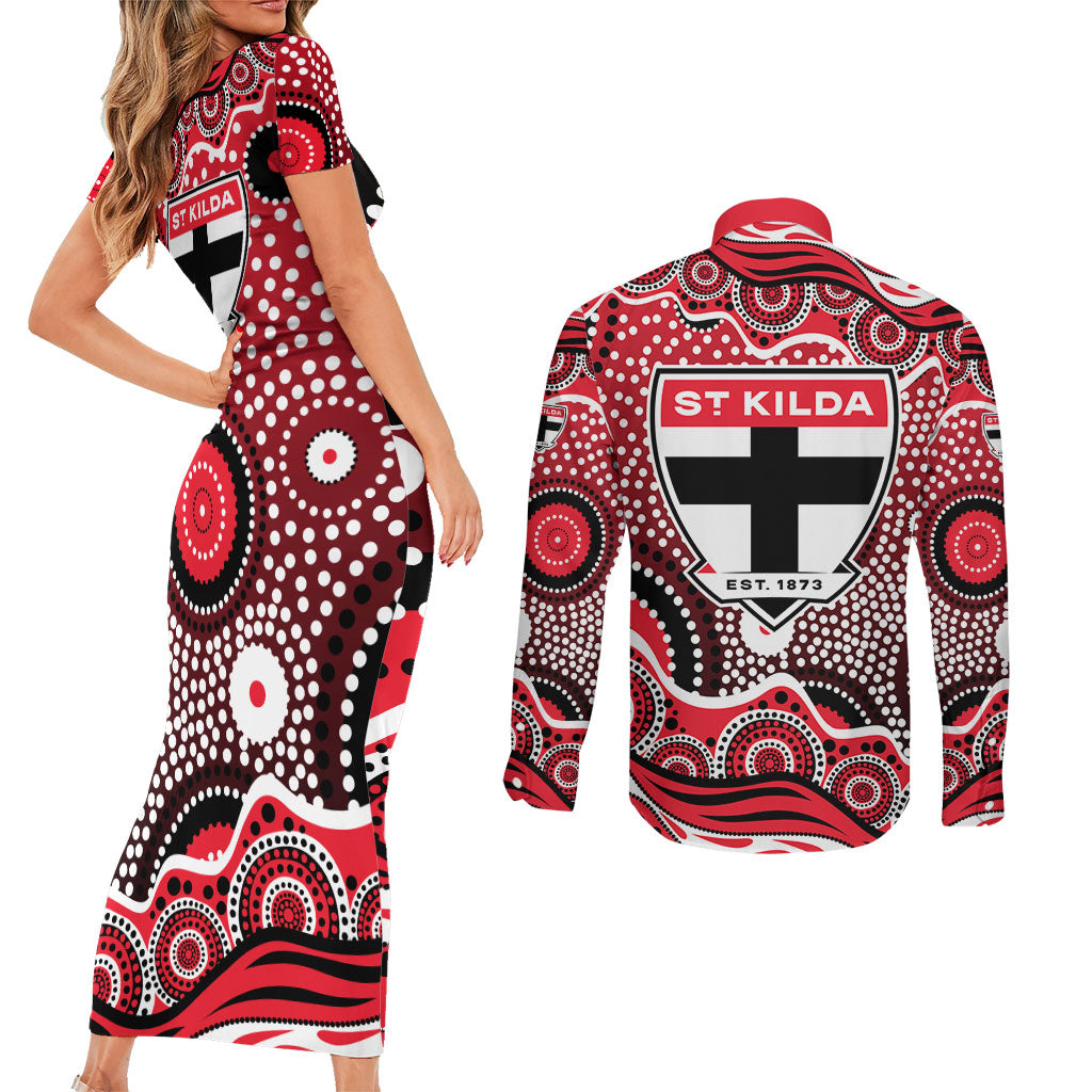 St Kilda Saints Couples Matching Short Sleeve Bodycon Dress and Long Sleeve Button Shirt Aboriginal Dot Pattern - Football Mascot Heritage Pride