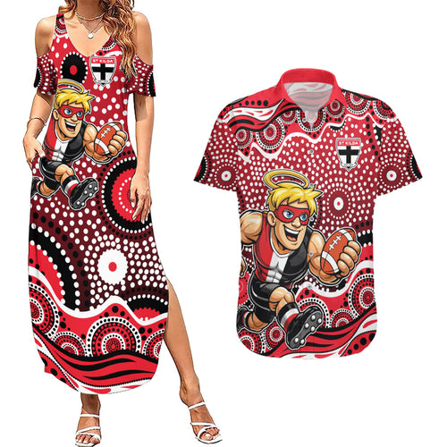 St Kilda Saints Couples Matching Summer Maxi Dress and Hawaiian Shirt Aboriginal Dot Pattern - Football Mascot Heritage Pride