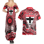 St Kilda Saints Couples Matching Summer Maxi Dress and Hawaiian Shirt Aboriginal Dot Pattern - Football Mascot Heritage Pride