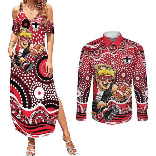 St Kilda Saints Couples Matching Summer Maxi Dress and Long Sleeve Button Shirt Aboriginal Dot Pattern - Football Mascot Heritage Pride
