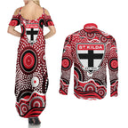St Kilda Saints Couples Matching Summer Maxi Dress and Long Sleeve Button Shirt Aboriginal Dot Pattern - Football Mascot Heritage Pride