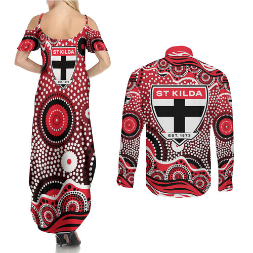 St Kilda Saints Couples Matching Summer Maxi Dress and Long Sleeve Button Shirt Aboriginal Dot Pattern - Football Mascot Heritage Pride