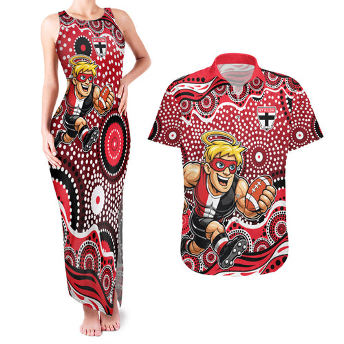 St Kilda Saints Couples Matching Tank Maxi Dress and Hawaiian Shirt Aboriginal Dot Pattern - Football Mascot Heritage Pride