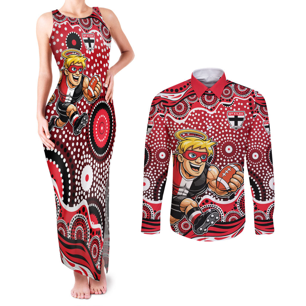 St Kilda Saints Couples Matching Tank Maxi Dress and Long Sleeve Button Shirt Aboriginal Dot Pattern - Football Mascot Heritage Pride