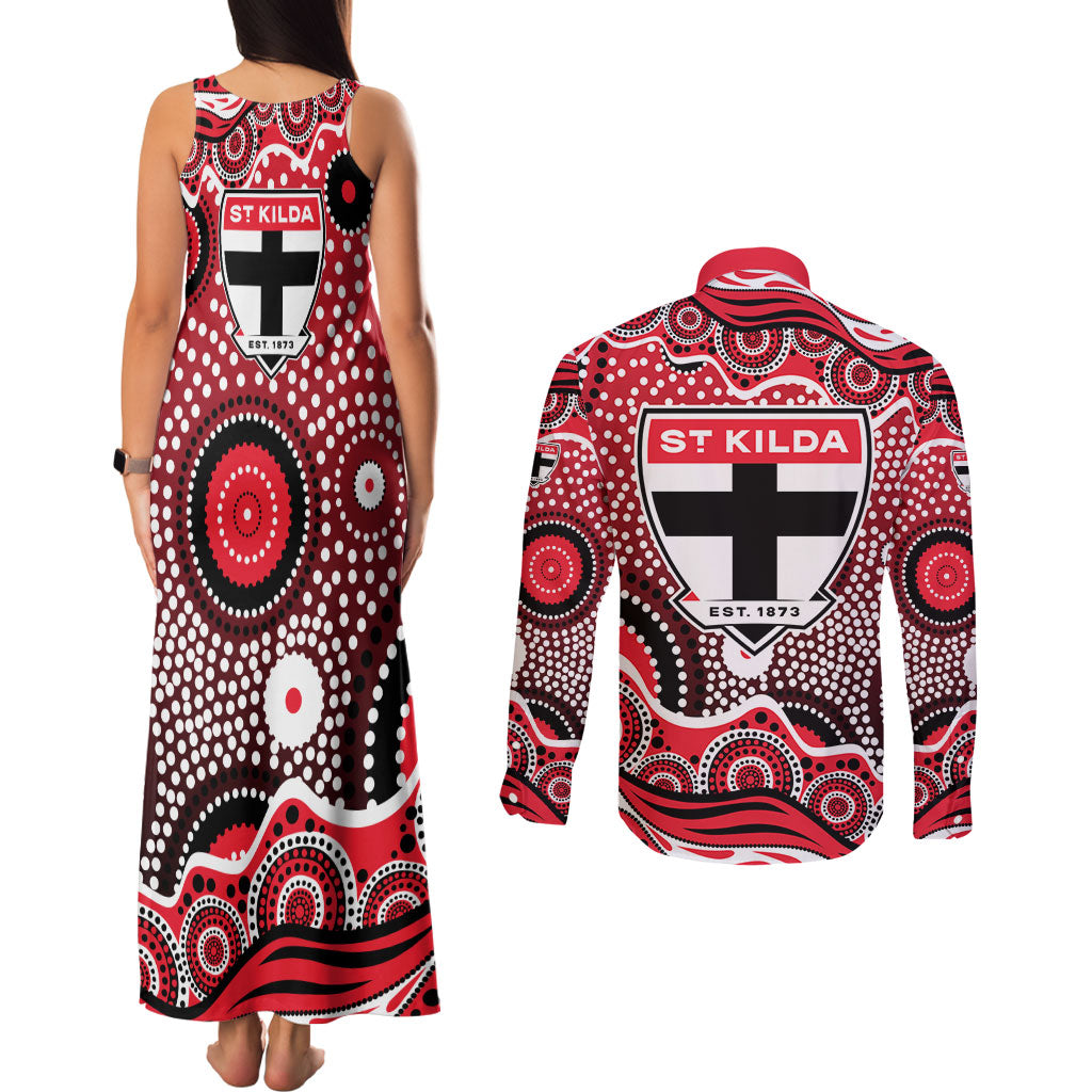 St Kilda Saints Couples Matching Tank Maxi Dress and Long Sleeve Button Shirt Aboriginal Dot Pattern - Football Mascot Heritage Pride