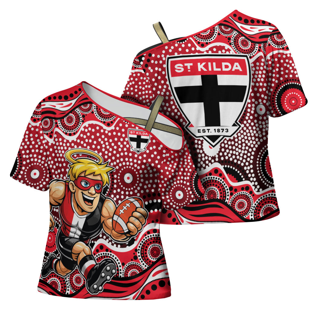 St Kilda Saints Cross Shoulder Shirt Aboriginal Dot Pattern - Football Mascot Heritage Pride