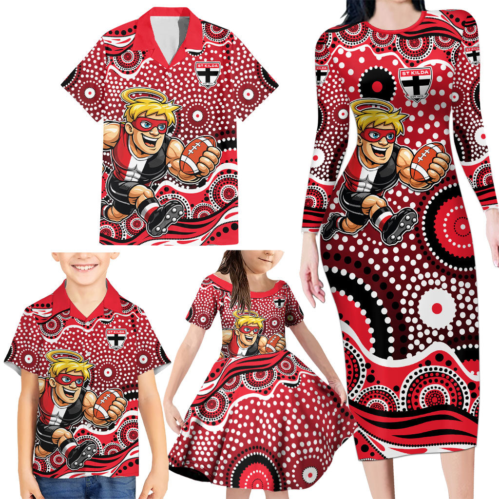 St Kilda Saints Family Matching Long Sleeve Bodycon Dress and Hawaiian Shirt Aboriginal Dot Pattern - Football Mascot Heritage Pride
