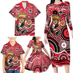St Kilda Saints Family Matching Long Sleeve Bodycon Dress and Hawaiian Shirt Aboriginal Dot Pattern - Football Mascot Heritage Pride