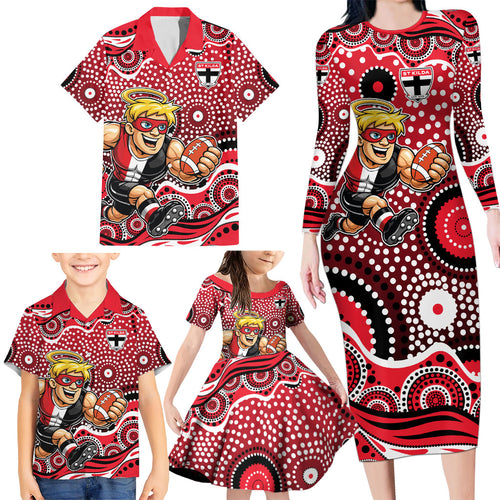 St Kilda Saints Family Matching Long Sleeve Bodycon Dress and Hawaiian Shirt Aboriginal Dot Pattern - Football Mascot Heritage Pride