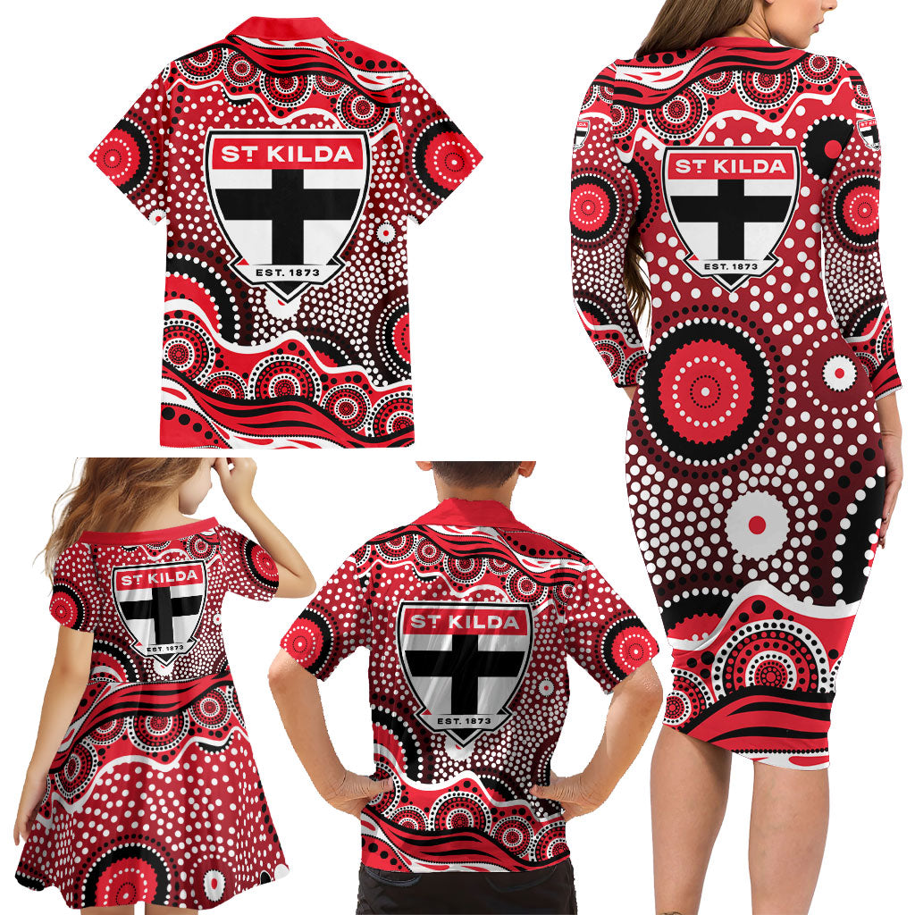 St Kilda Saints Family Matching Long Sleeve Bodycon Dress and Hawaiian Shirt Aboriginal Dot Pattern - Football Mascot Heritage Pride