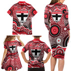 St Kilda Saints Family Matching Long Sleeve Bodycon Dress and Hawaiian Shirt Aboriginal Dot Pattern - Football Mascot Heritage Pride