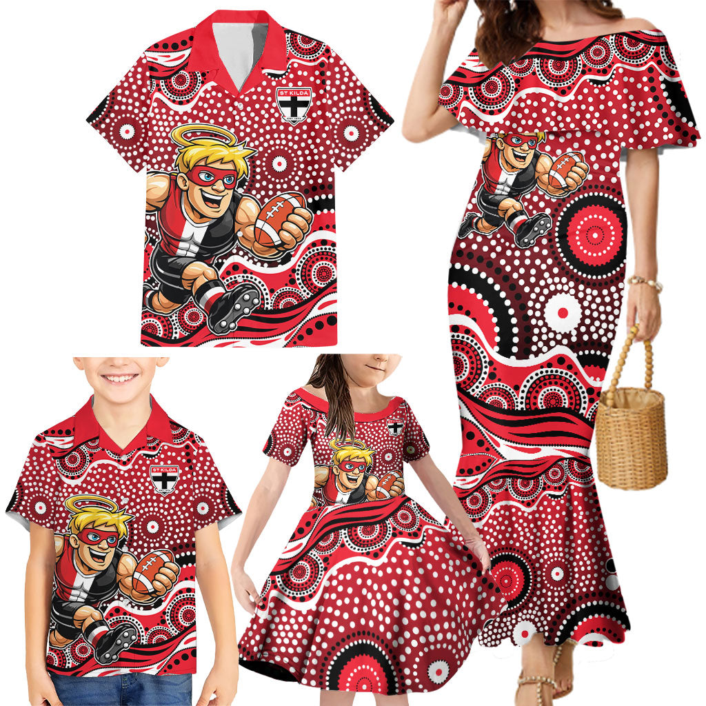 St Kilda Saints Family Matching Mermaid Dress and Hawaiian Shirt Aboriginal Dot Pattern - Football Mascot Heritage Pride