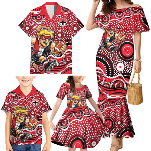 St Kilda Saints Family Matching Mermaid Dress and Hawaiian Shirt Aboriginal Dot Pattern - Football Mascot Heritage Pride