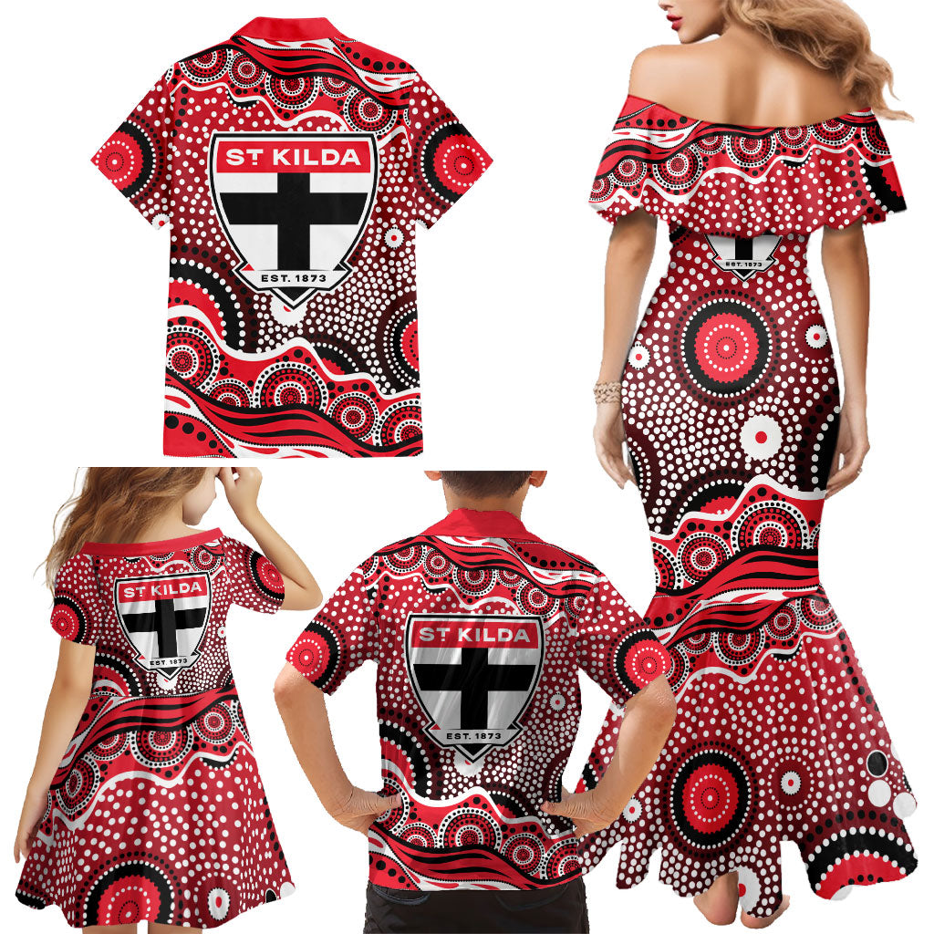 St Kilda Saints Family Matching Mermaid Dress and Hawaiian Shirt Aboriginal Dot Pattern - Football Mascot Heritage Pride