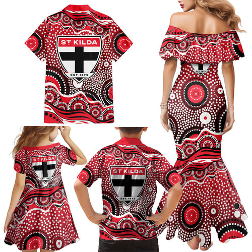 St Kilda Saints Family Matching Mermaid Dress and Hawaiian Shirt Aboriginal Dot Pattern - Football Mascot Heritage Pride