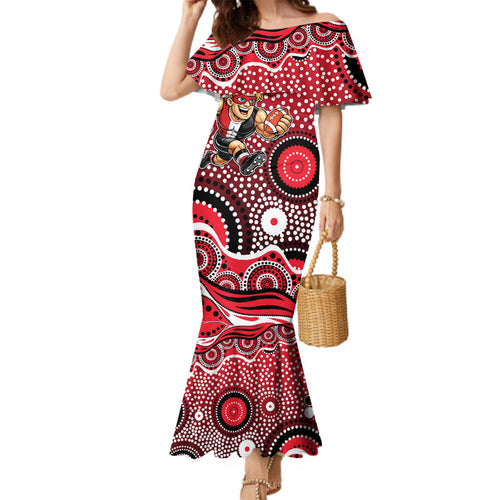 St Kilda Saints Family Matching Mermaid Dress and Hawaiian Shirt Aboriginal Dot Pattern - Football Mascot Heritage Pride