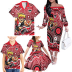 St Kilda Saints Family Matching Off The Shoulder Long Sleeve Dress and Hawaiian Shirt Aboriginal Dot Pattern - Football Mascot Heritage Pride