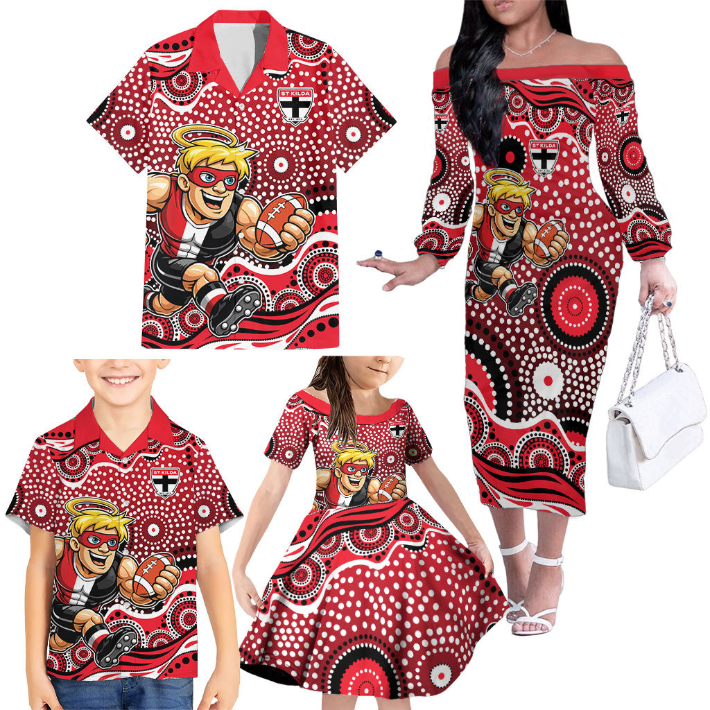 St Kilda Saints Family Matching Off The Shoulder Long Sleeve Dress and Hawaiian Shirt Aboriginal Dot Pattern - Football Mascot Heritage Pride
