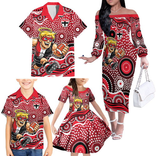 St Kilda Saints Family Matching Off The Shoulder Long Sleeve Dress and Hawaiian Shirt Aboriginal Dot Pattern - Football Mascot Heritage Pride
