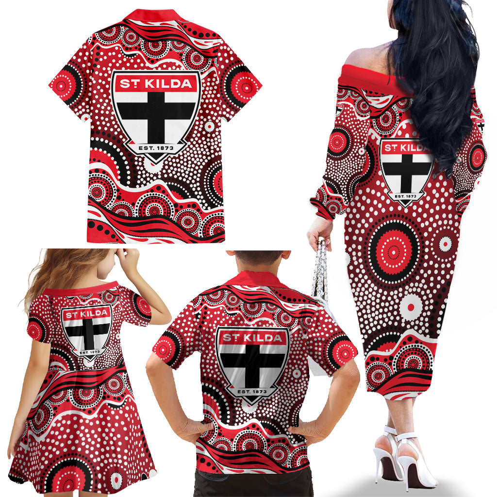 St Kilda Saints Family Matching Off The Shoulder Long Sleeve Dress and Hawaiian Shirt Aboriginal Dot Pattern - Football Mascot Heritage Pride