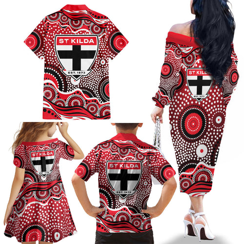 St Kilda Saints Family Matching Off The Shoulder Long Sleeve Dress and Hawaiian Shirt Aboriginal Dot Pattern - Football Mascot Heritage Pride