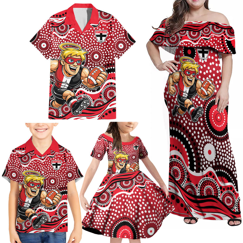 St Kilda Saints Family Matching Off Shoulder Maxi Dress and Hawaiian Shirt Aboriginal Dot Pattern - Football Mascot Heritage Pride