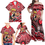 St Kilda Saints Family Matching Off Shoulder Maxi Dress and Hawaiian Shirt Aboriginal Dot Pattern - Football Mascot Heritage Pride
