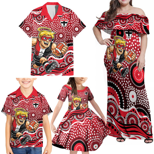 St Kilda Saints Family Matching Off Shoulder Maxi Dress and Hawaiian Shirt Aboriginal Dot Pattern - Football Mascot Heritage Pride