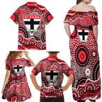 St Kilda Saints Family Matching Off Shoulder Maxi Dress and Hawaiian Shirt Aboriginal Dot Pattern - Football Mascot Heritage Pride