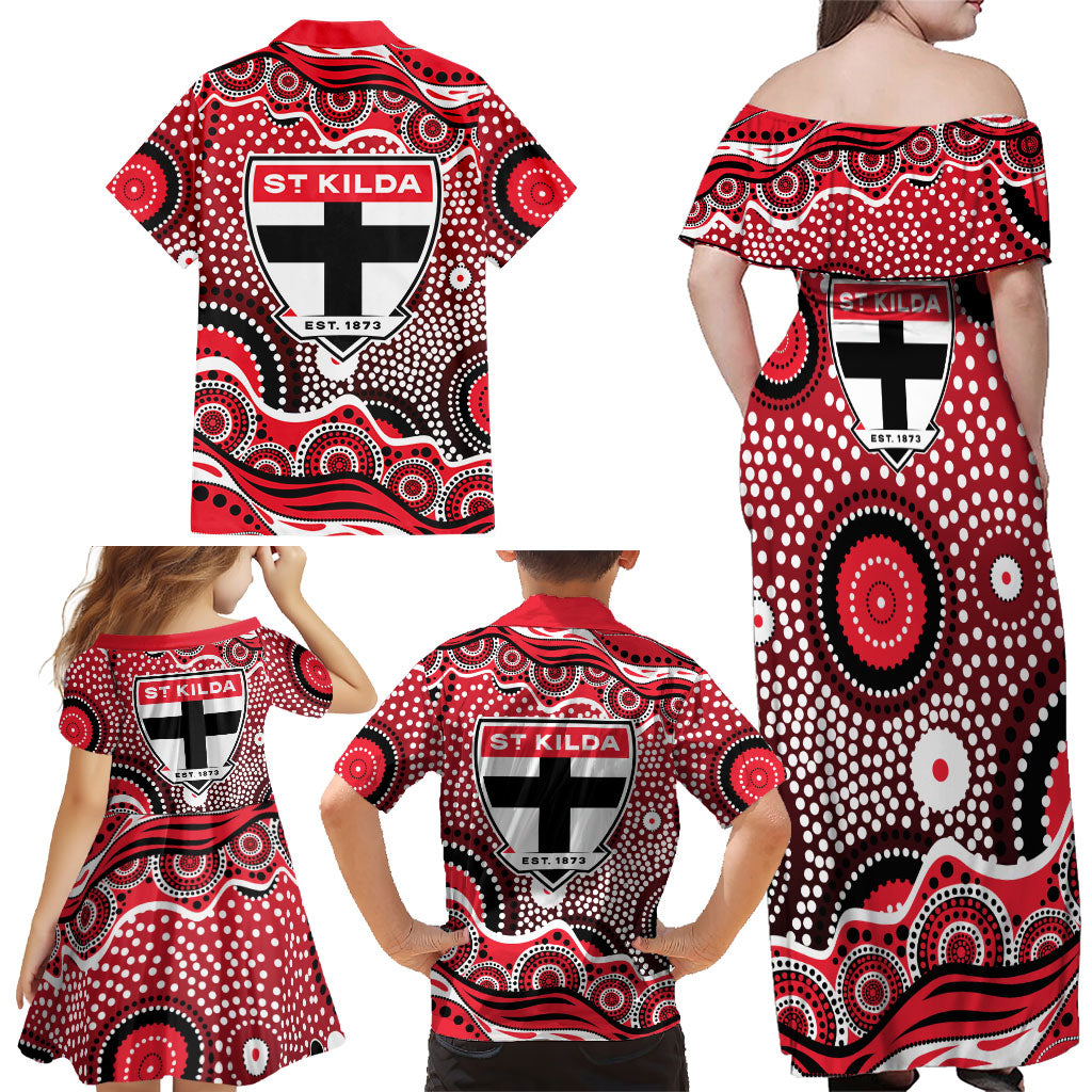 St Kilda Saints Family Matching Off Shoulder Maxi Dress and Hawaiian Shirt Aboriginal Dot Pattern - Football Mascot Heritage Pride