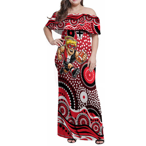 St Kilda Saints Family Matching Off Shoulder Maxi Dress and Hawaiian Shirt Aboriginal Dot Pattern - Football Mascot Heritage Pride