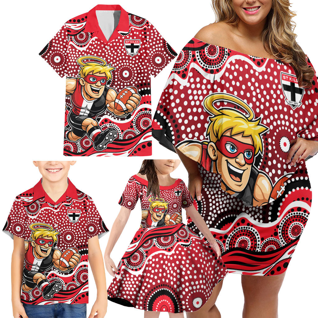 St Kilda Saints Family Matching Off Shoulder Short Dress and Hawaiian Shirt Aboriginal Dot Pattern - Football Mascot Heritage Pride